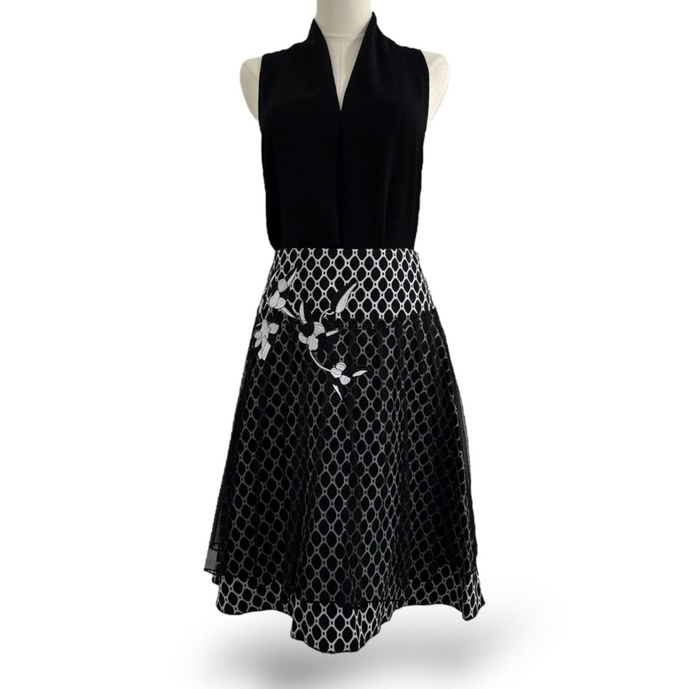 For the Republic Flared Wool/Tulle Skirt Black/White Wm Sz 6 NWT Unique Flourish